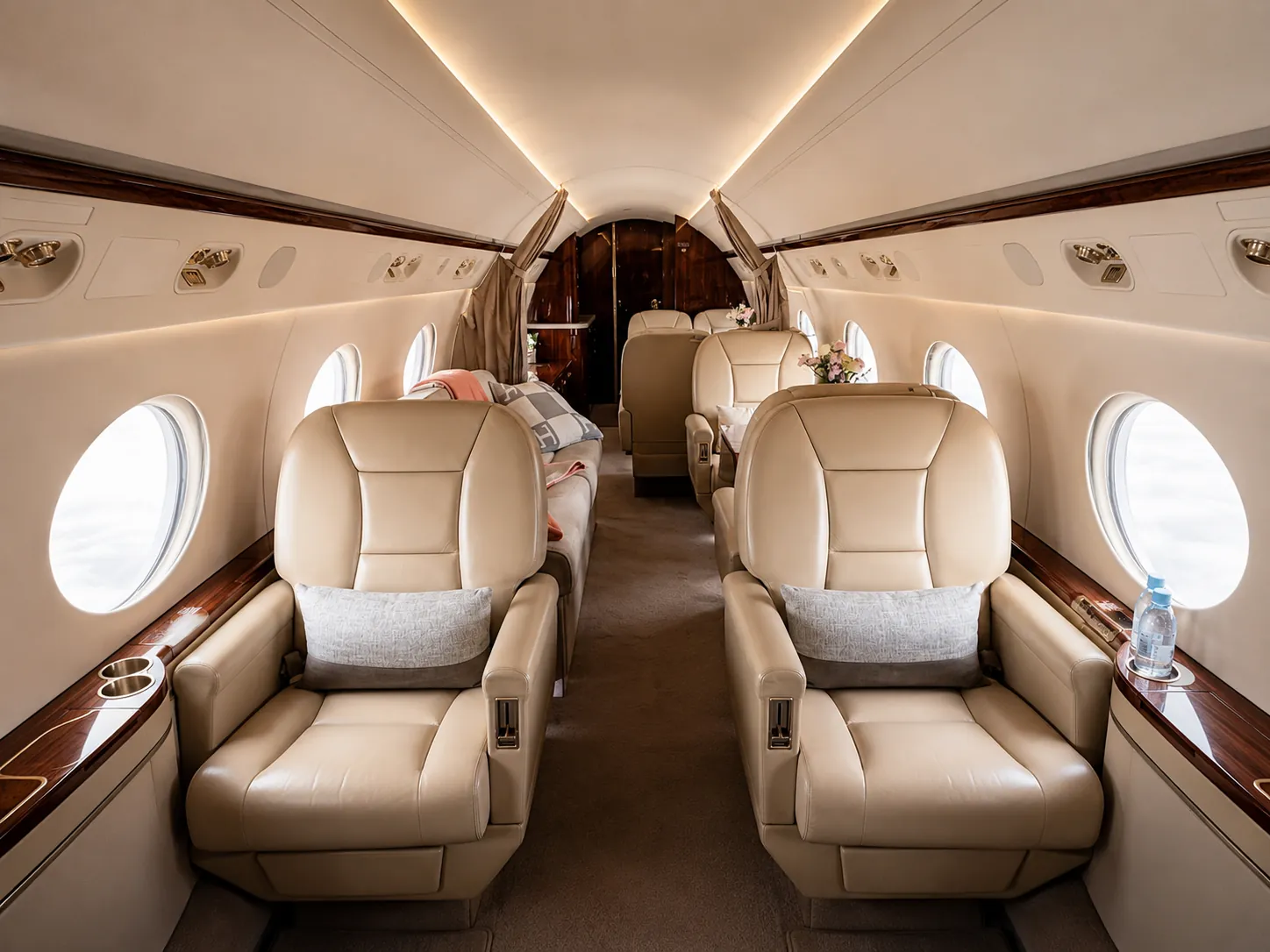 Cabine d'un jet privé, sièges en cuir clair
